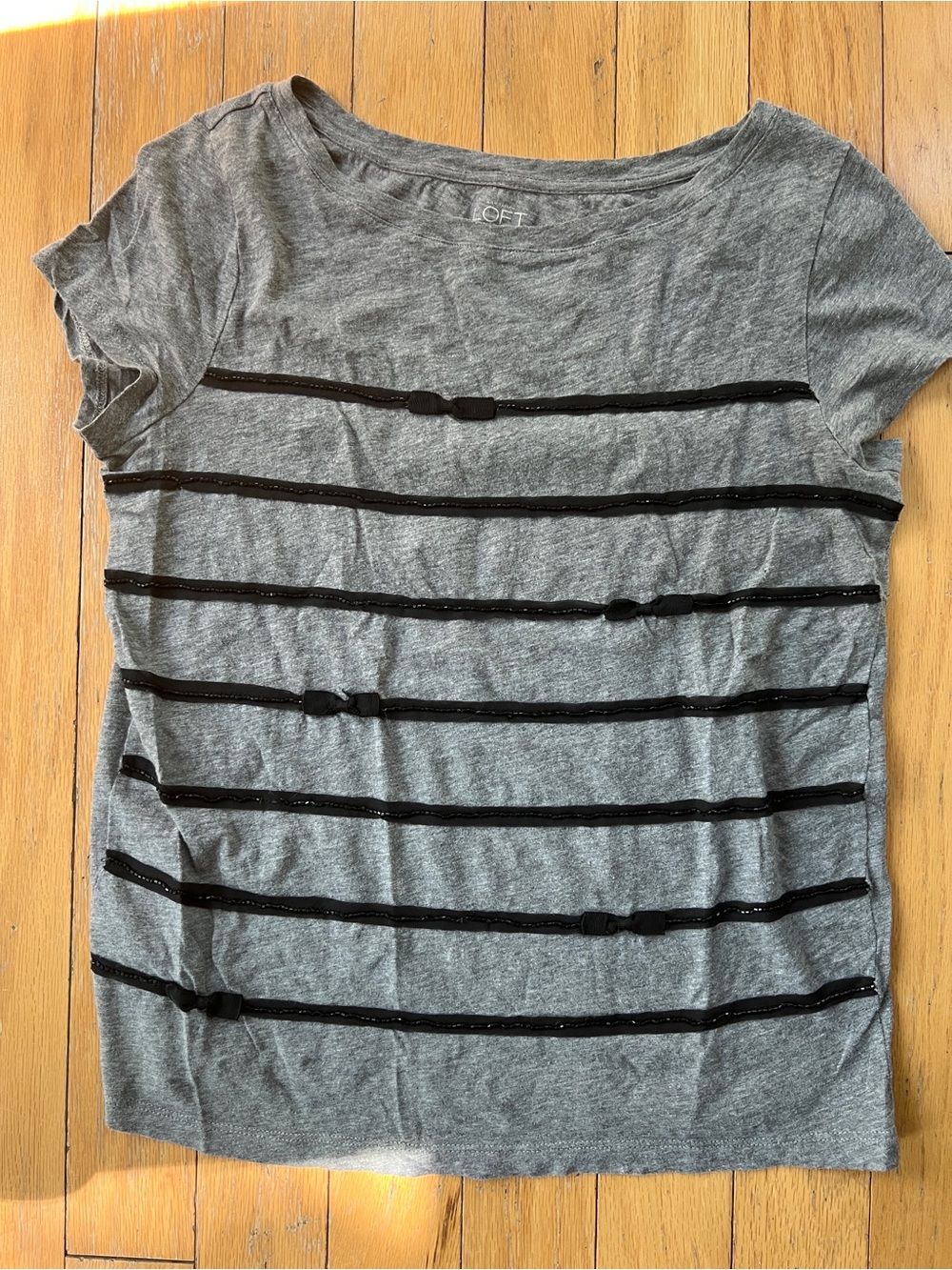 LOFT Gray Short Sleeve Tee with Black Ribbon Stripes